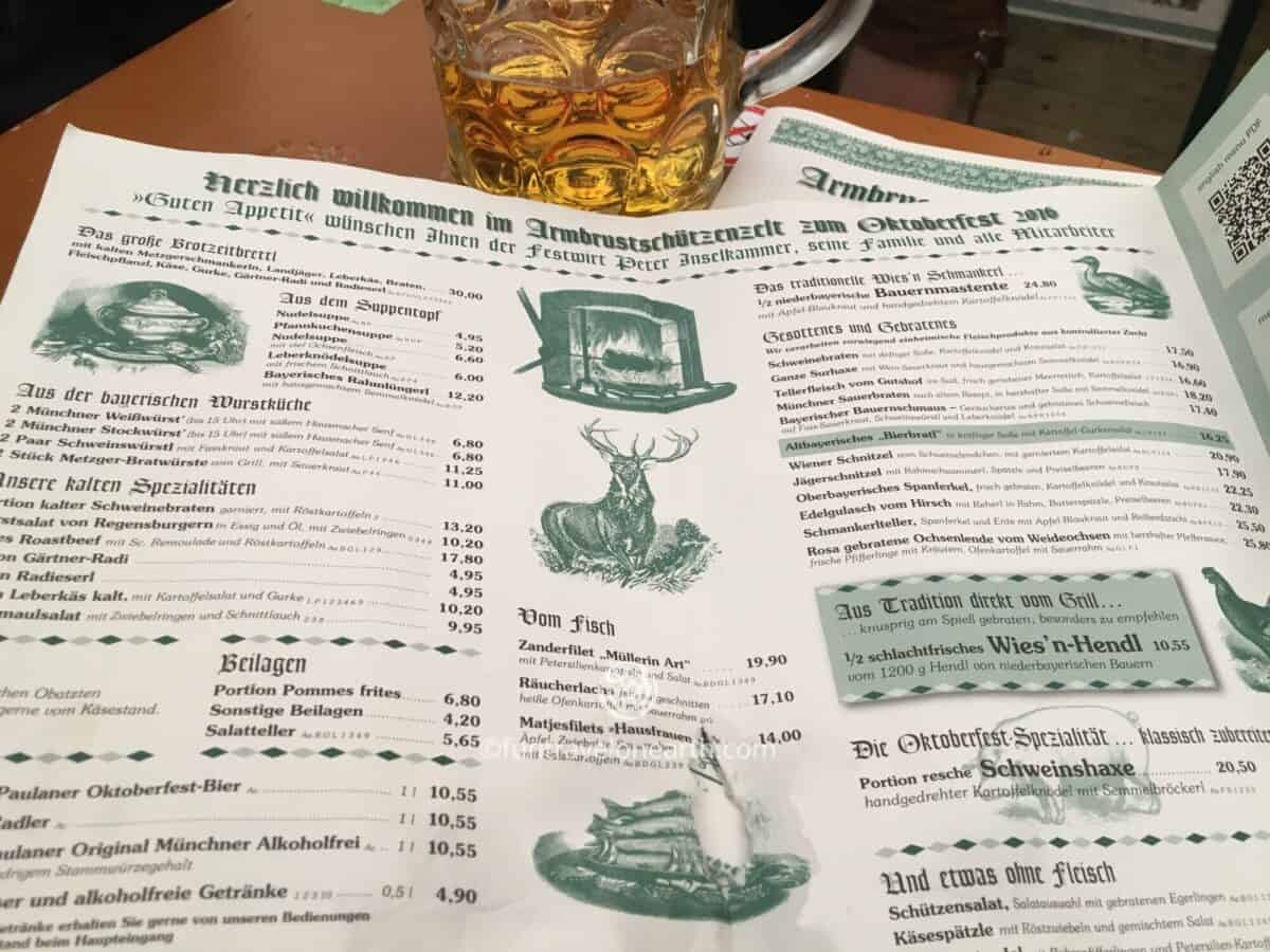 Paulaner Menu,Oktoberfest in München