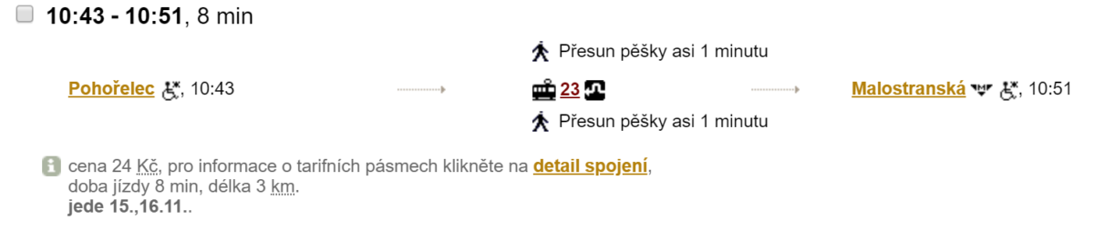 プラハ公共交通機関の交通検索,経路候補一覧例