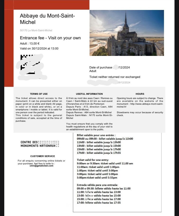 Mont Saint Michel, TICKET sample