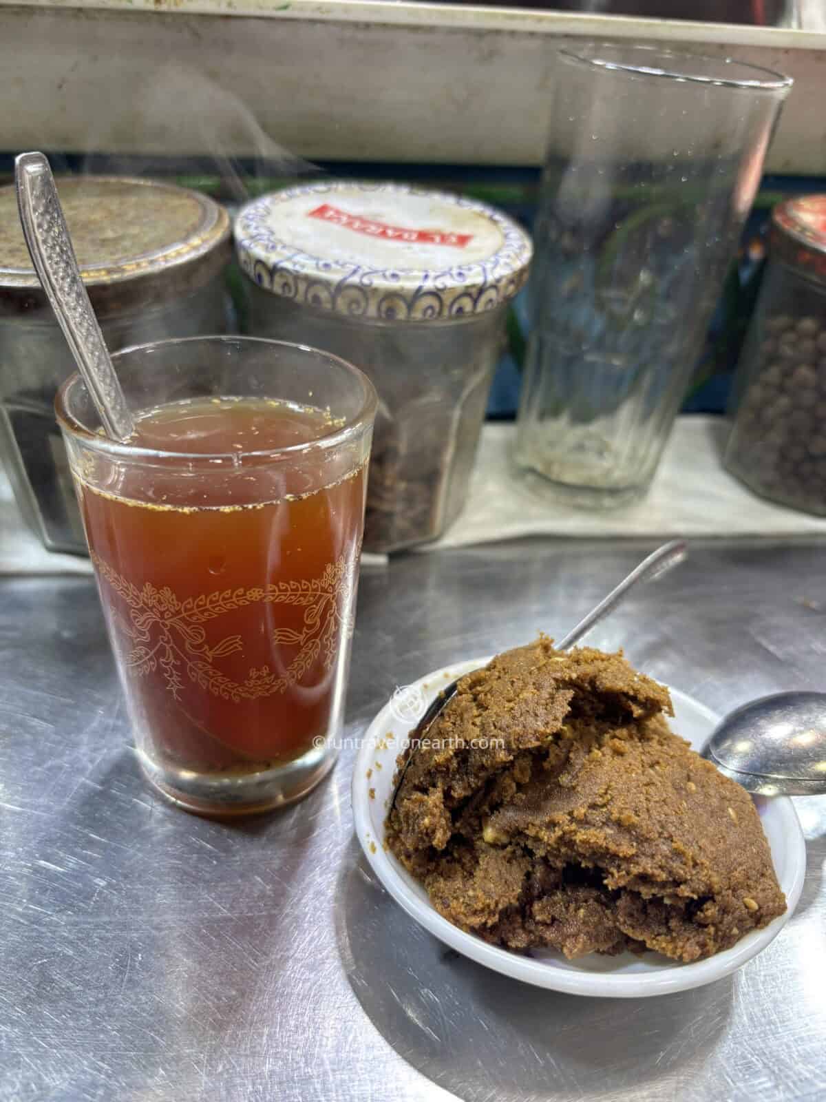 Khoudenjal(Spiced Tea) and Sellou, Jemaa el-Fnaa, street food, Marrakesh, Morocco