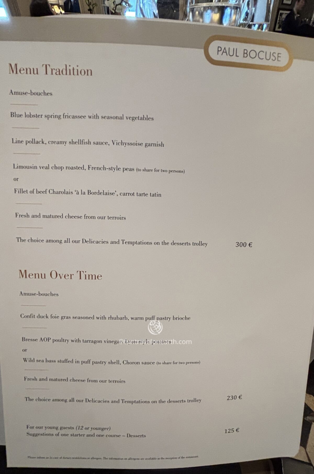 Restaurant Paul Bocuse, menu, Lyon, France